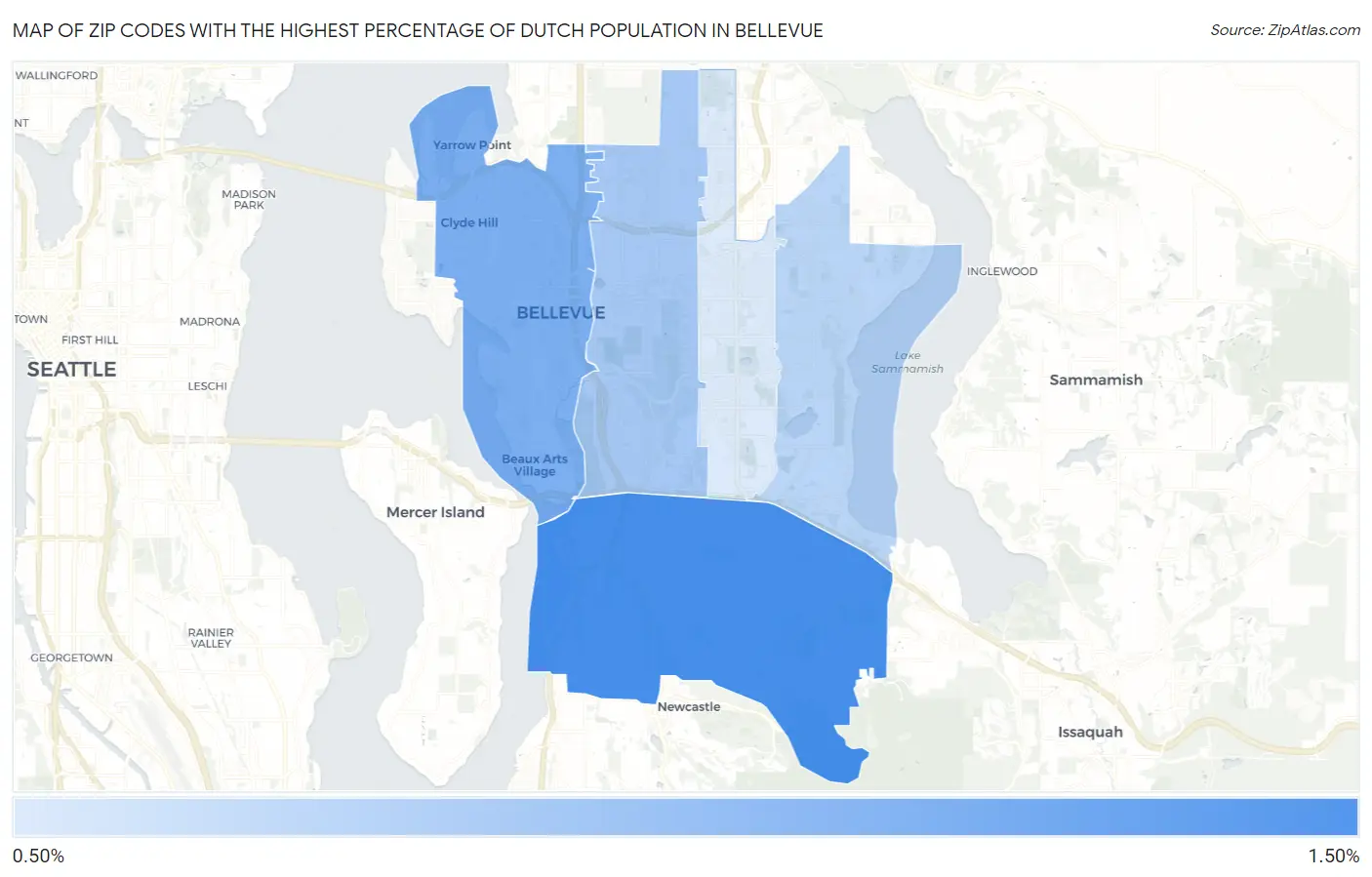 Zip Codes with the Highest Percentage of Dutch Population in Bellevue Map