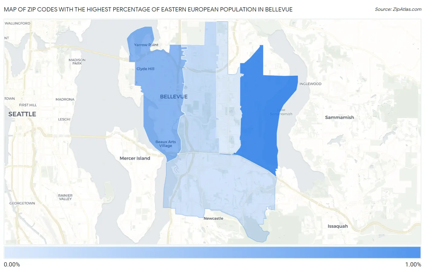 Zip Codes with the Highest Percentage of Eastern European Population in Bellevue Map