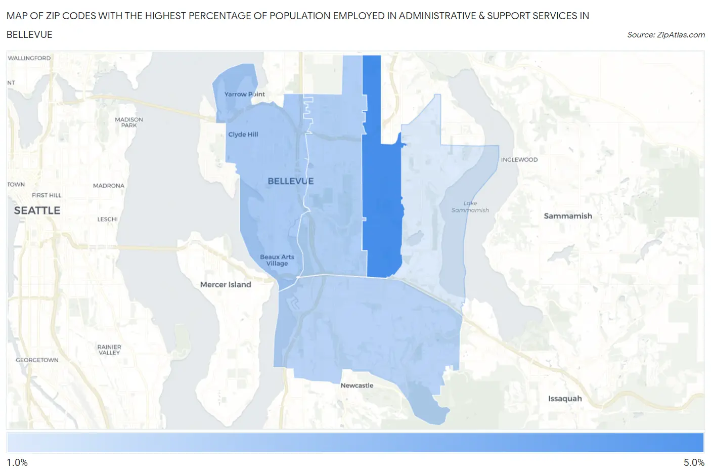 Zip Codes with the Highest Percentage of Population Employed in Administrative & Support Services in Bellevue Map