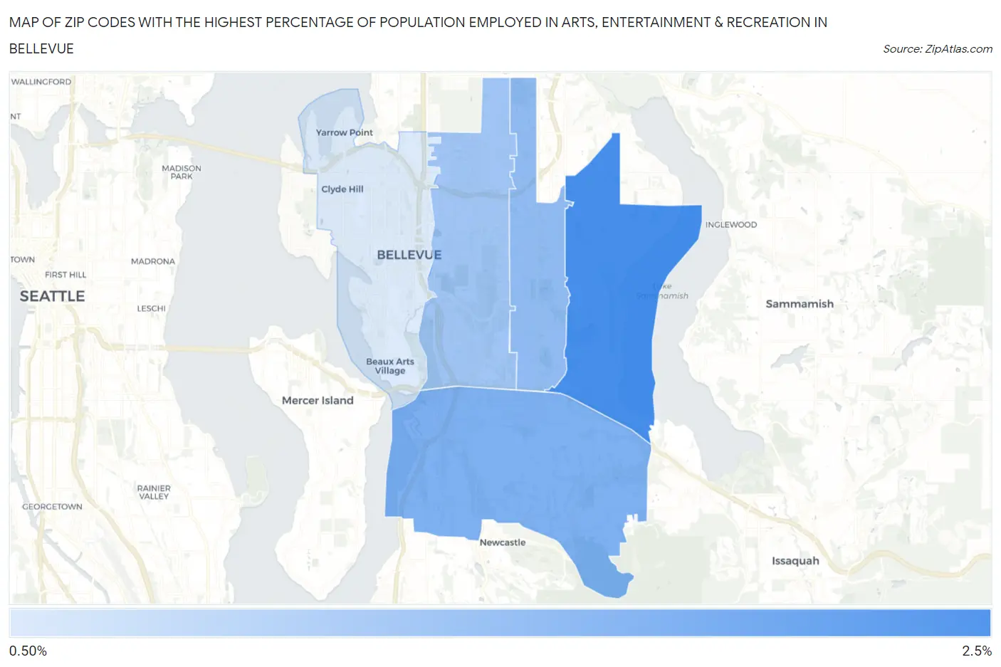 Zip Codes with the Highest Percentage of Population Employed in Arts, Entertainment & Recreation in Bellevue Map