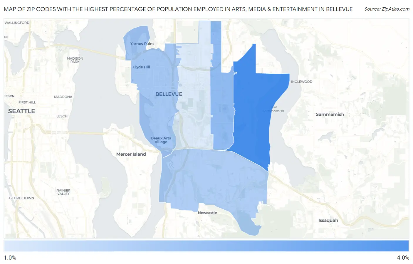 Zip Codes with the Highest Percentage of Population Employed in Arts, Media & Entertainment in Bellevue Map