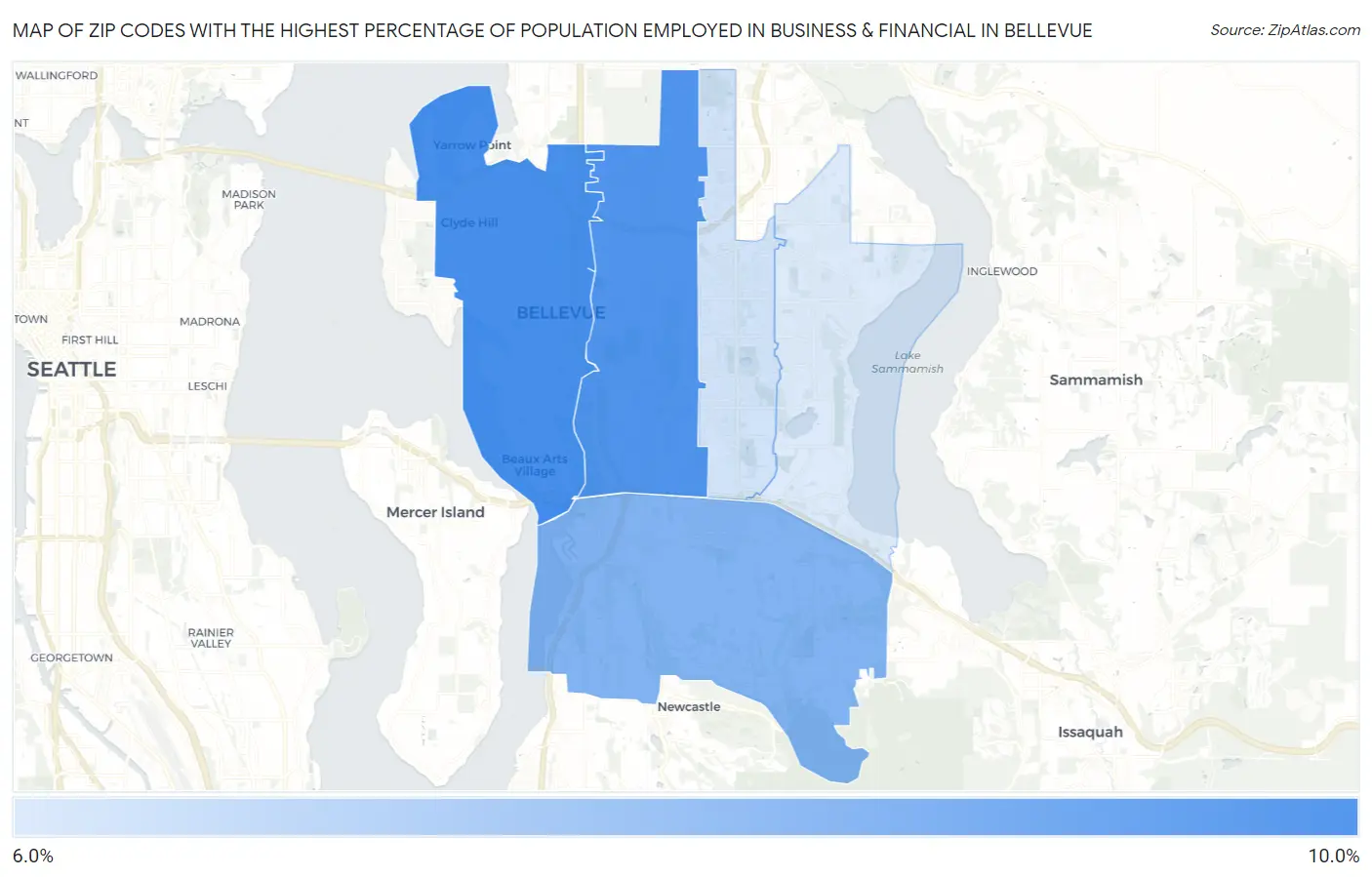 Zip Codes with the Highest Percentage of Population Employed in Business & Financial in Bellevue Map