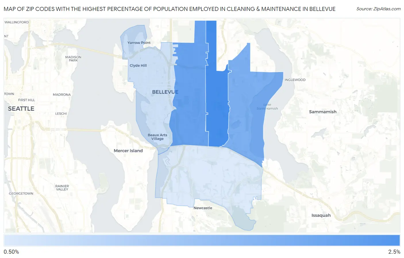 Zip Codes with the Highest Percentage of Population Employed in Cleaning & Maintenance in Bellevue Map