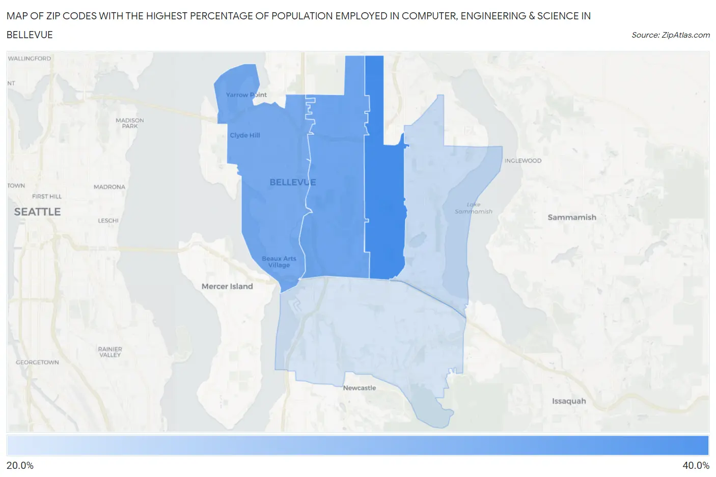 Zip Codes with the Highest Percentage of Population Employed in Computer, Engineering & Science in Bellevue Map
