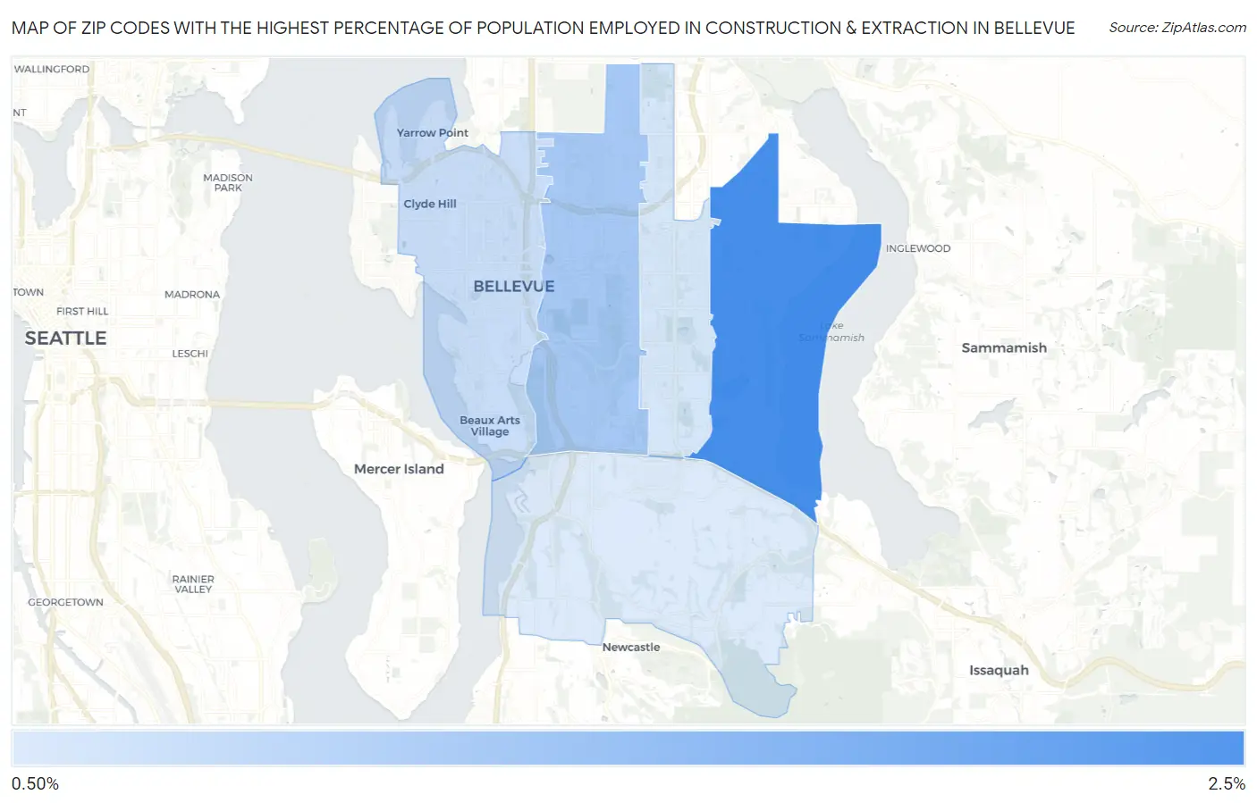 Zip Codes with the Highest Percentage of Population Employed in Construction & Extraction in Bellevue Map