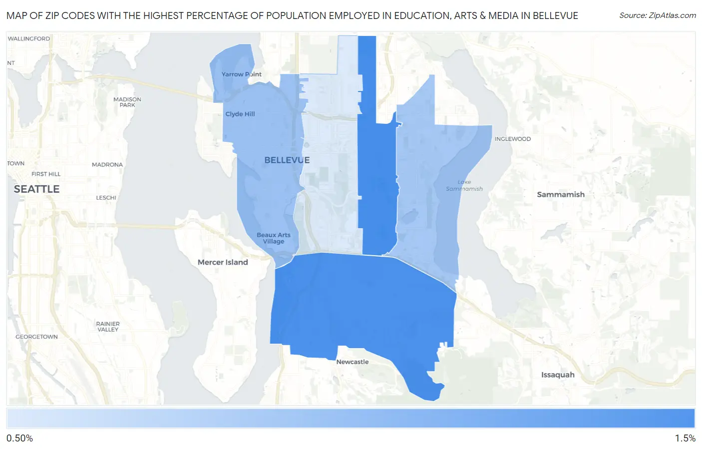Zip Codes with the Highest Percentage of Population Employed in Education, Arts & Media in Bellevue Map