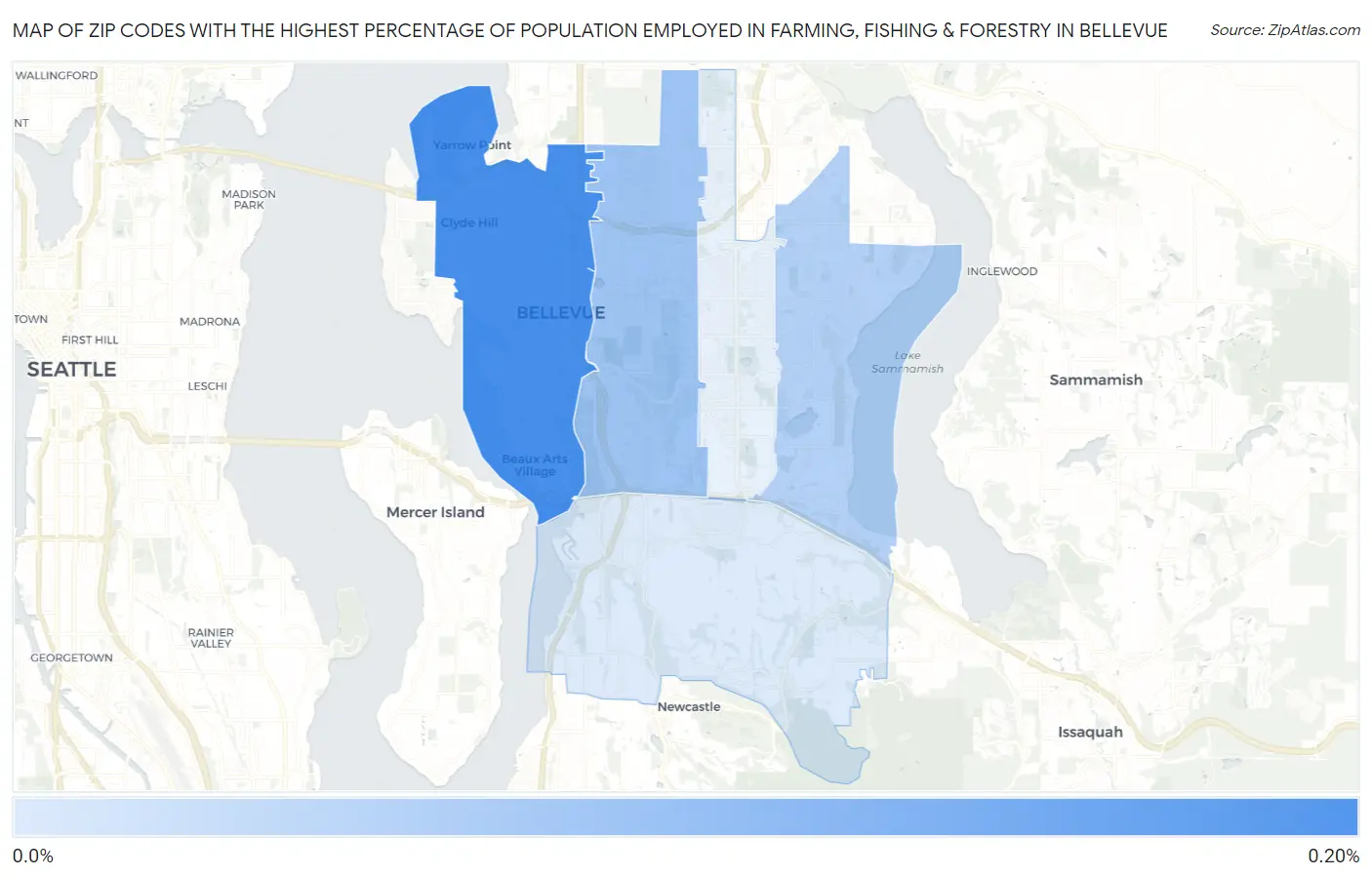 Zip Codes with the Highest Percentage of Population Employed in Farming, Fishing & Forestry in Bellevue Map