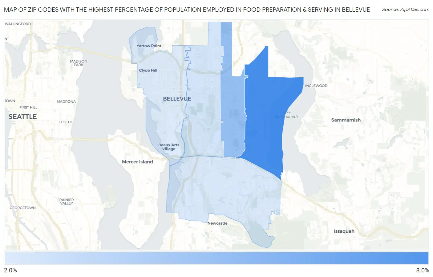 Zip Codes with the Highest Percentage of Population Employed in Food Preparation & Serving in Bellevue Map