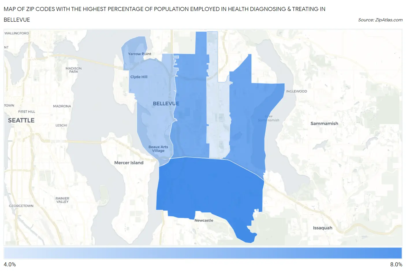 Zip Codes with the Highest Percentage of Population Employed in Health Diagnosing & Treating in Bellevue Map