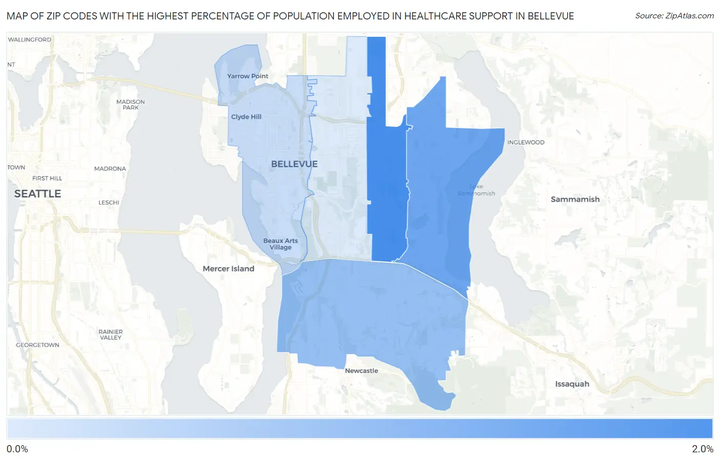 Zip Codes with the Highest Percentage of Population Employed in Healthcare Support in Bellevue Map