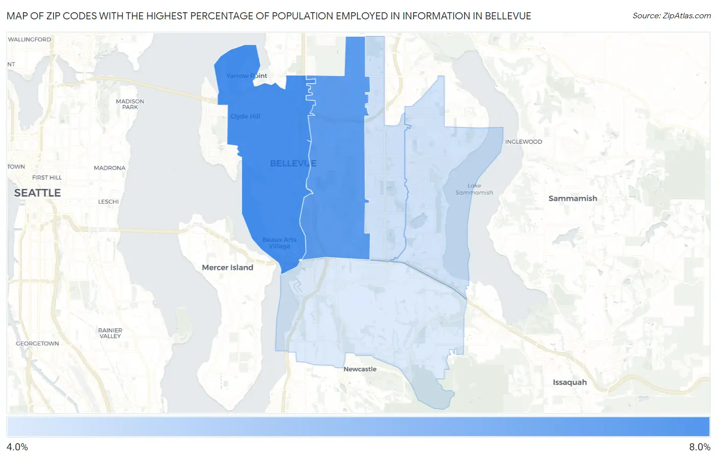 Zip Codes with the Highest Percentage of Population Employed in Information in Bellevue Map