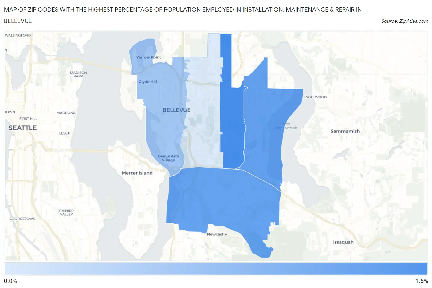 Zip Codes with the Highest Percentage of Population Employed in Installation, Maintenance & Repair in Bellevue Map