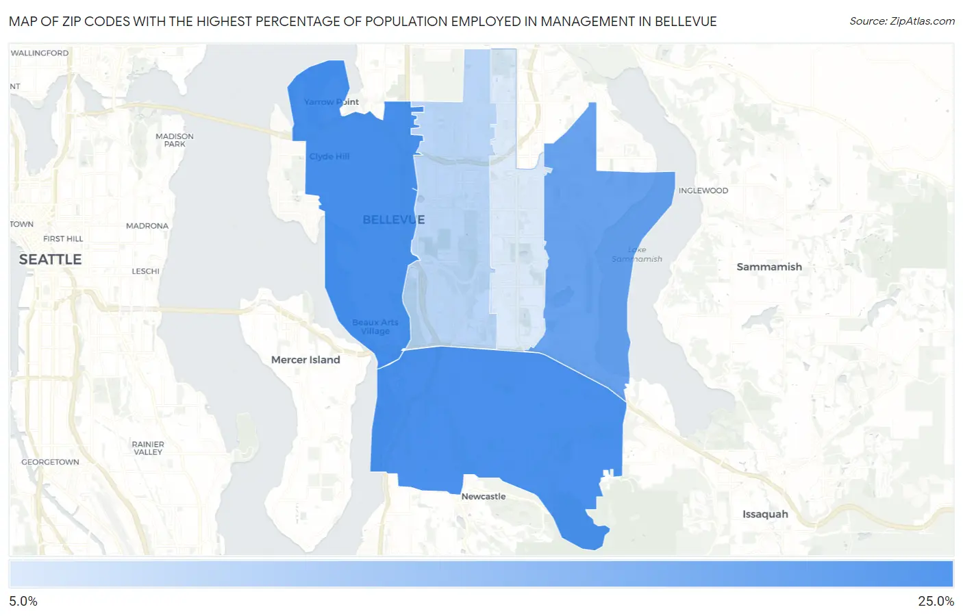 Zip Codes with the Highest Percentage of Population Employed in Management in Bellevue Map