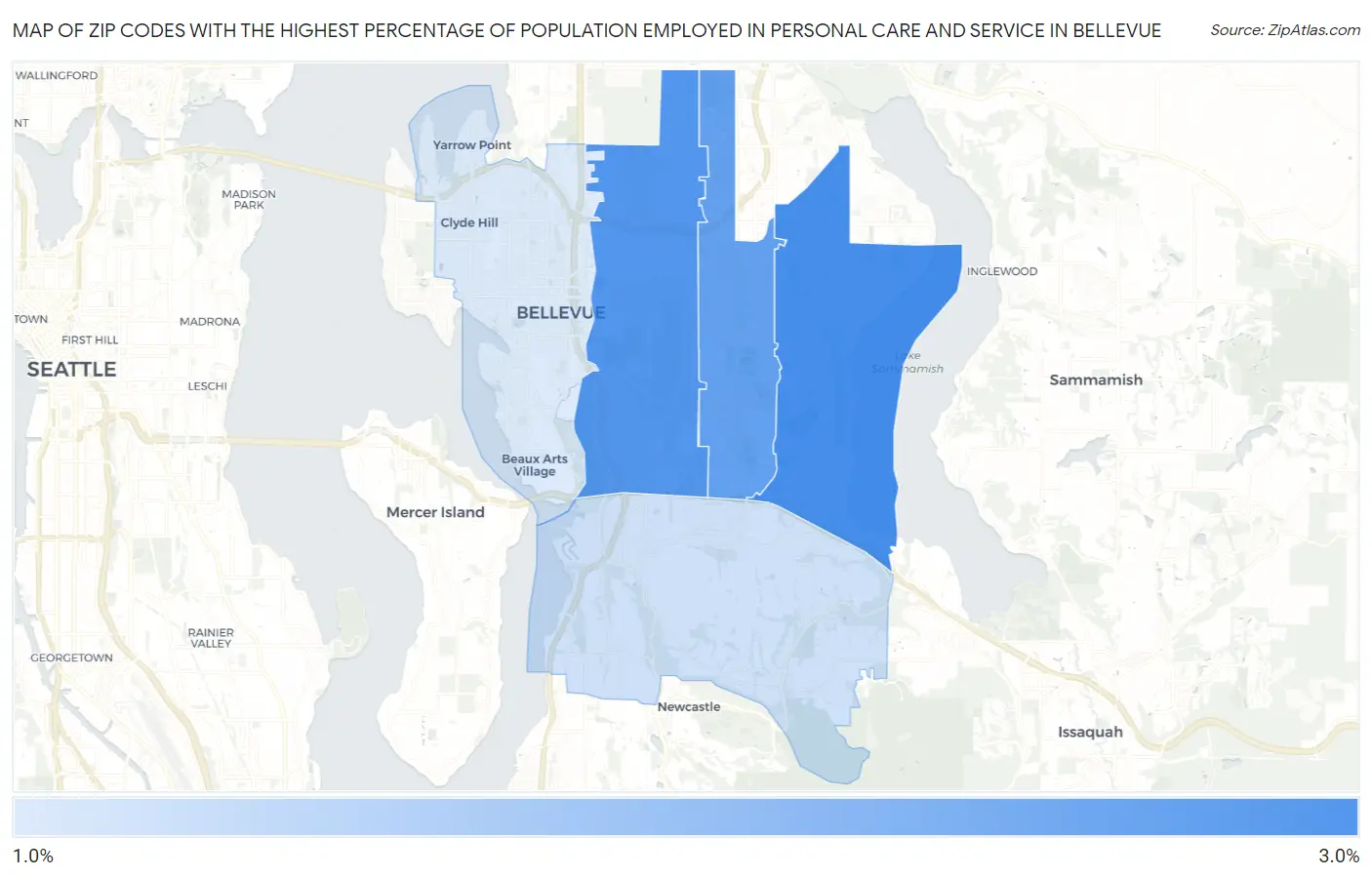 Zip Codes with the Highest Percentage of Population Employed in Personal Care and Service in Bellevue Map