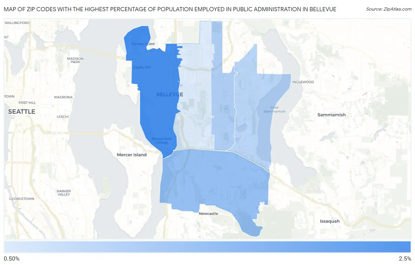 Zip Codes with the Highest Percentage of Population Employed in Public Administration in Bellevue Map