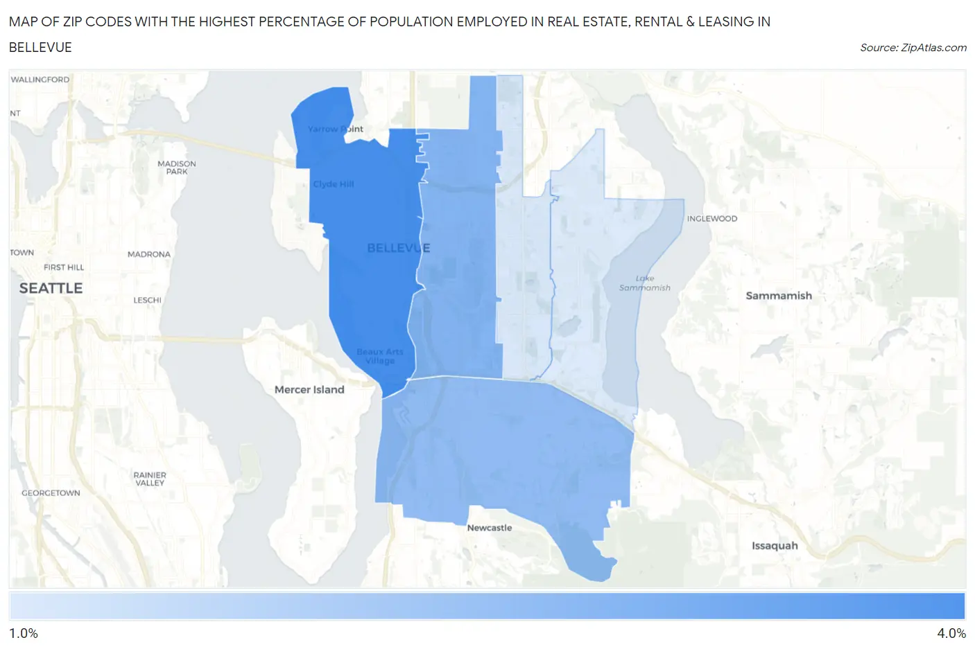 Zip Codes with the Highest Percentage of Population Employed in Real Estate, Rental & Leasing in Bellevue Map