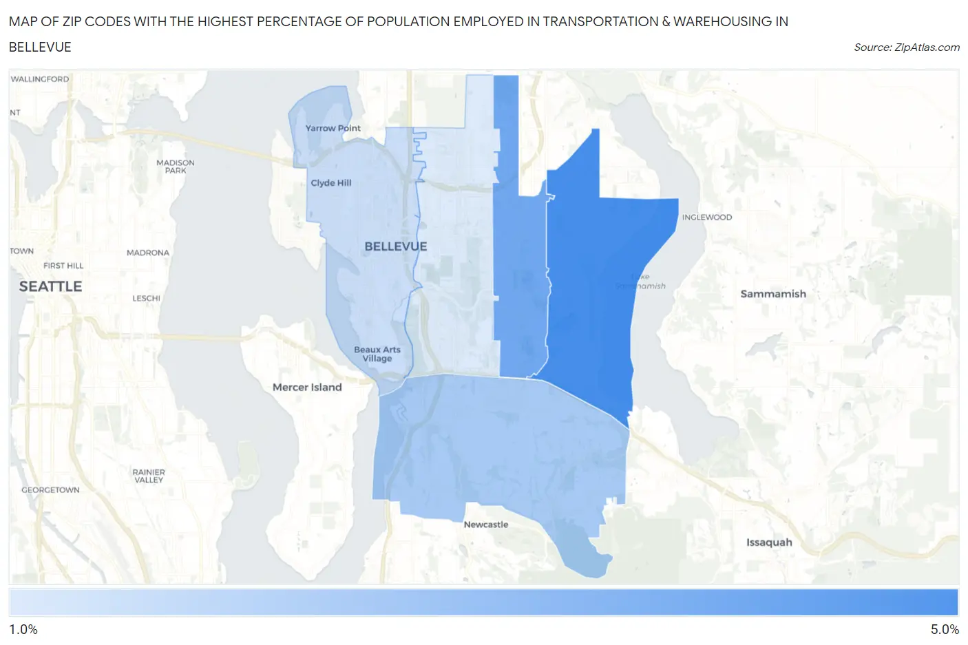 Zip Codes with the Highest Percentage of Population Employed in Transportation & Warehousing in Bellevue Map