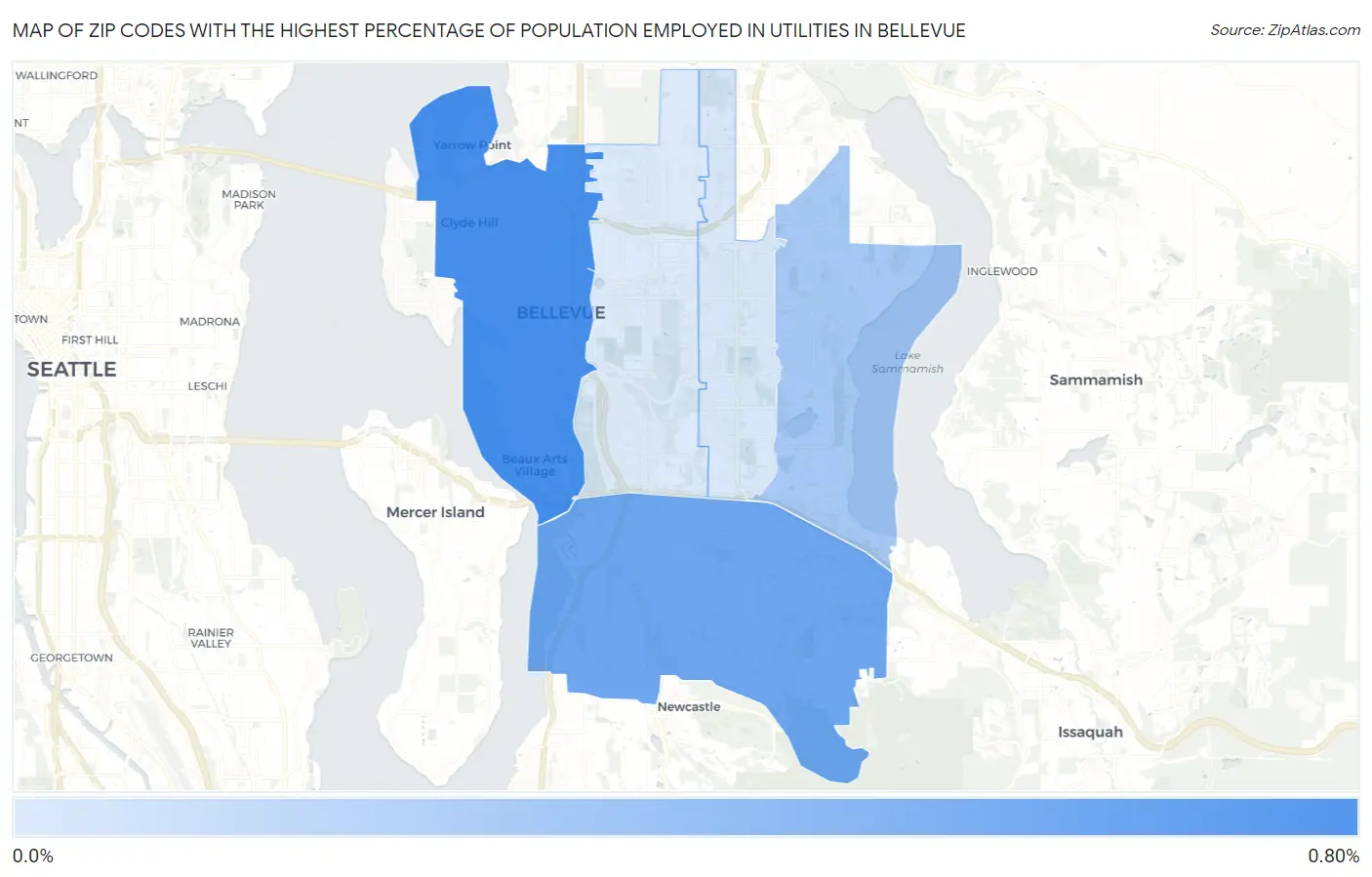 Zip Codes with the Highest Percentage of Population Employed in Utilities in Bellevue Map