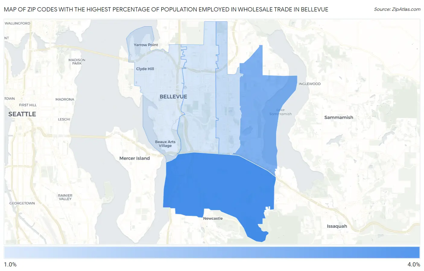 Zip Codes with the Highest Percentage of Population Employed in Wholesale Trade in Bellevue Map