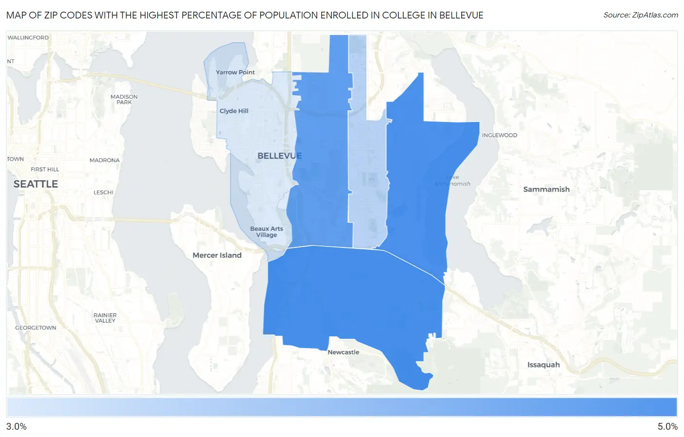 Zip Codes with the Highest Percentage of Population Enrolled in College in Bellevue Map