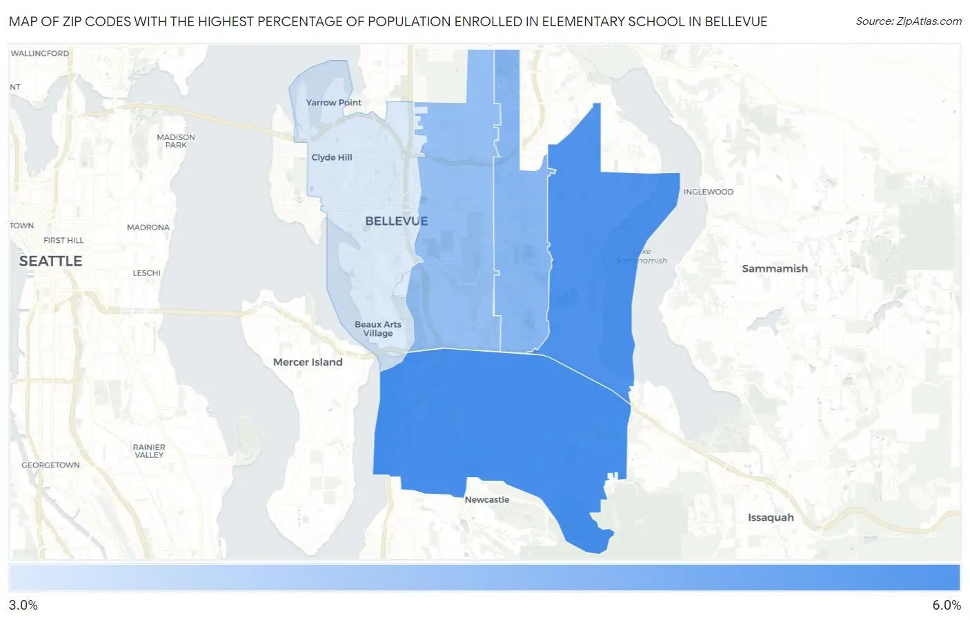 Zip Codes with the Highest Percentage of Population Enrolled in Elementary School in Bellevue Map