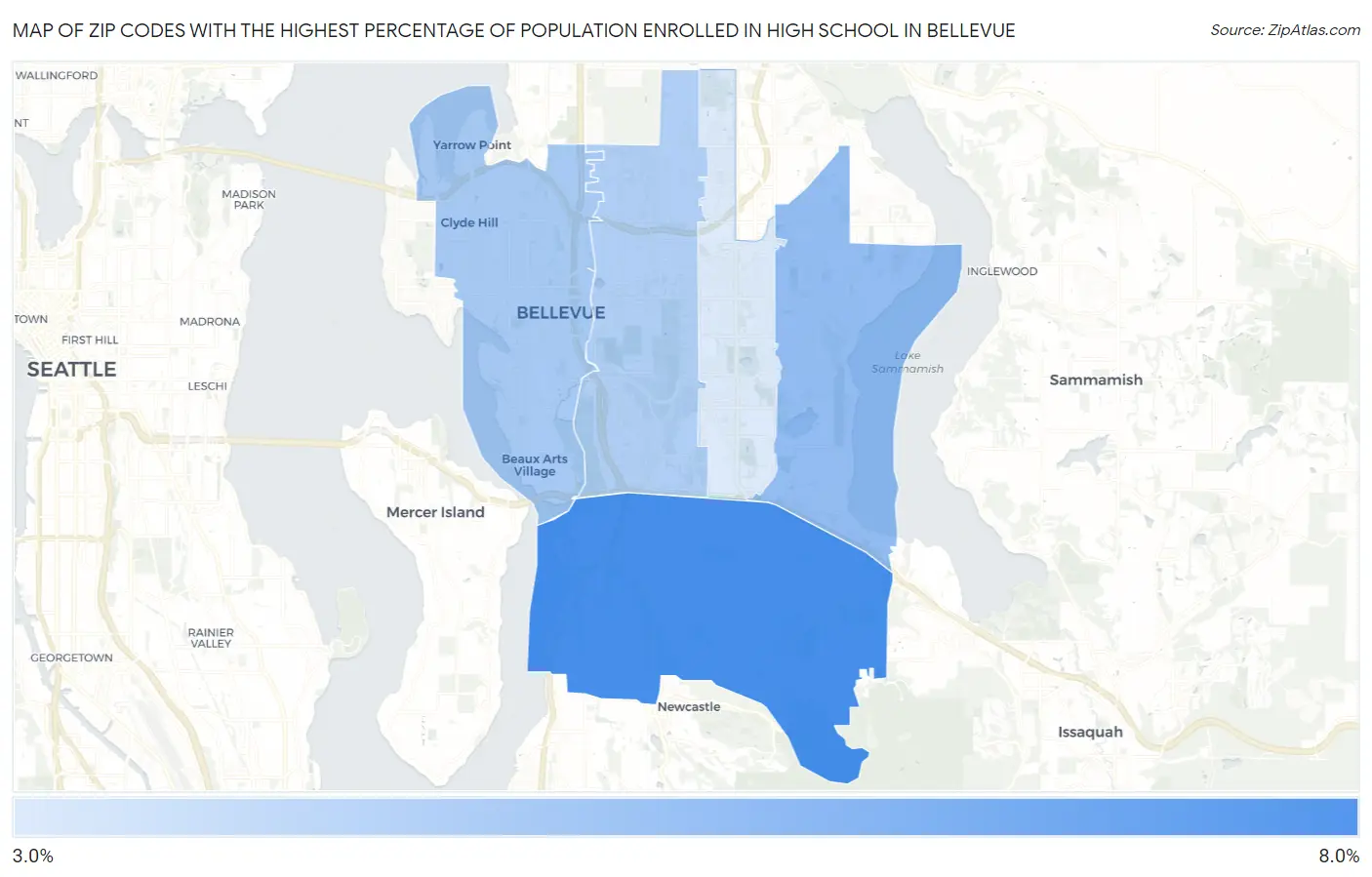Zip Codes with the Highest Percentage of Population Enrolled in High School in Bellevue Map