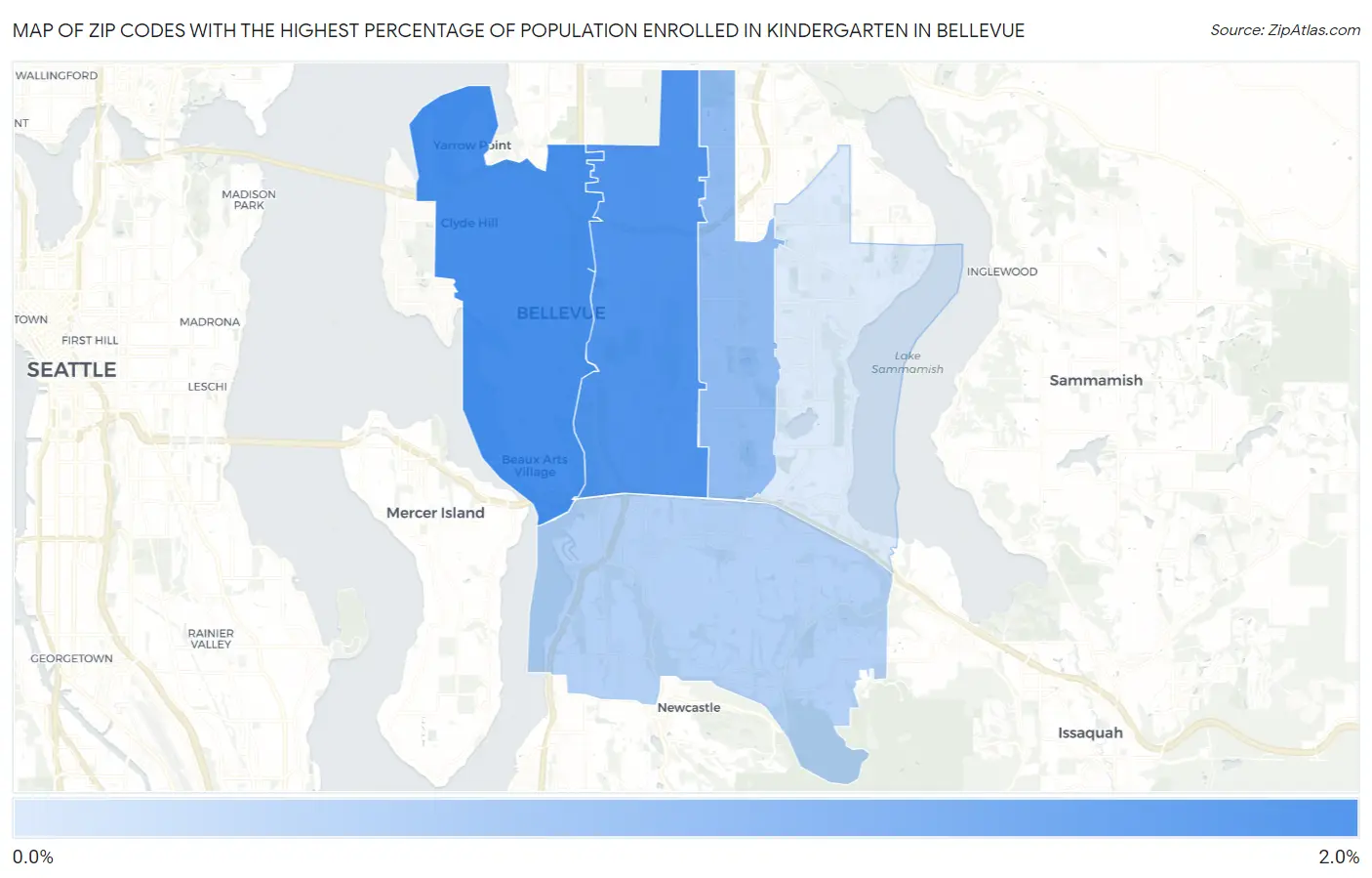 Zip Codes with the Highest Percentage of Population Enrolled in Kindergarten in Bellevue Map