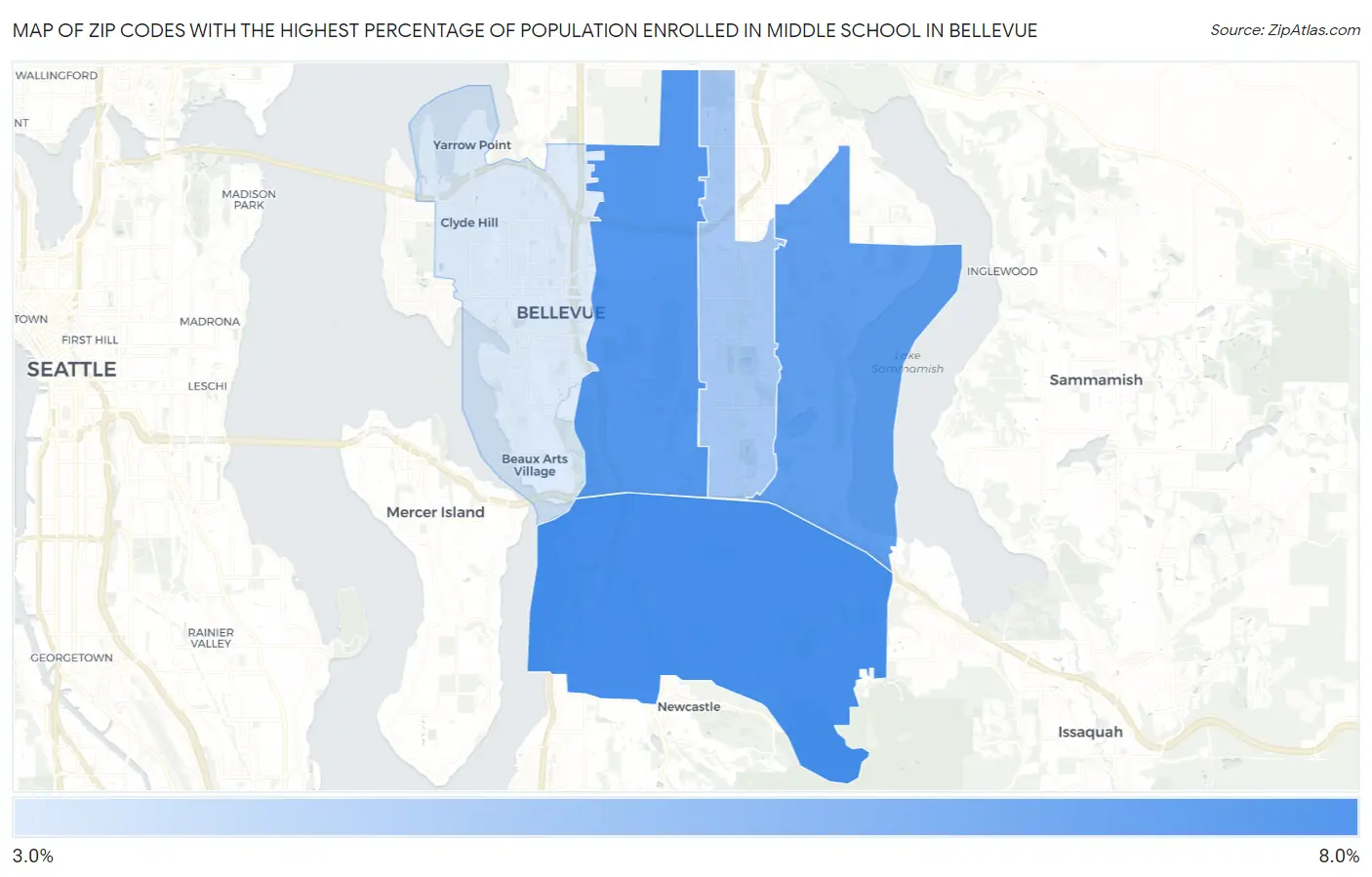 Zip Codes with the Highest Percentage of Population Enrolled in Middle School in Bellevue Map