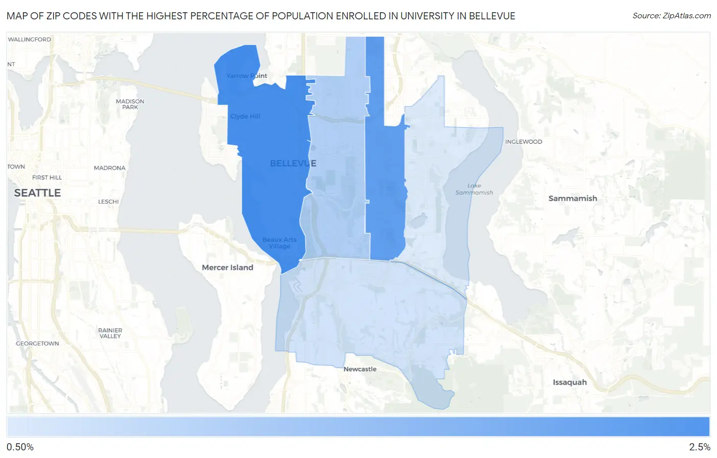 Zip Codes with the Highest Percentage of Population Enrolled in University in Bellevue Map