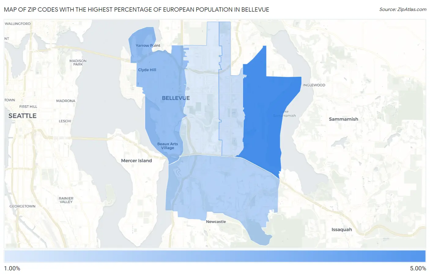 Zip Codes with the Highest Percentage of European Population in Bellevue Map