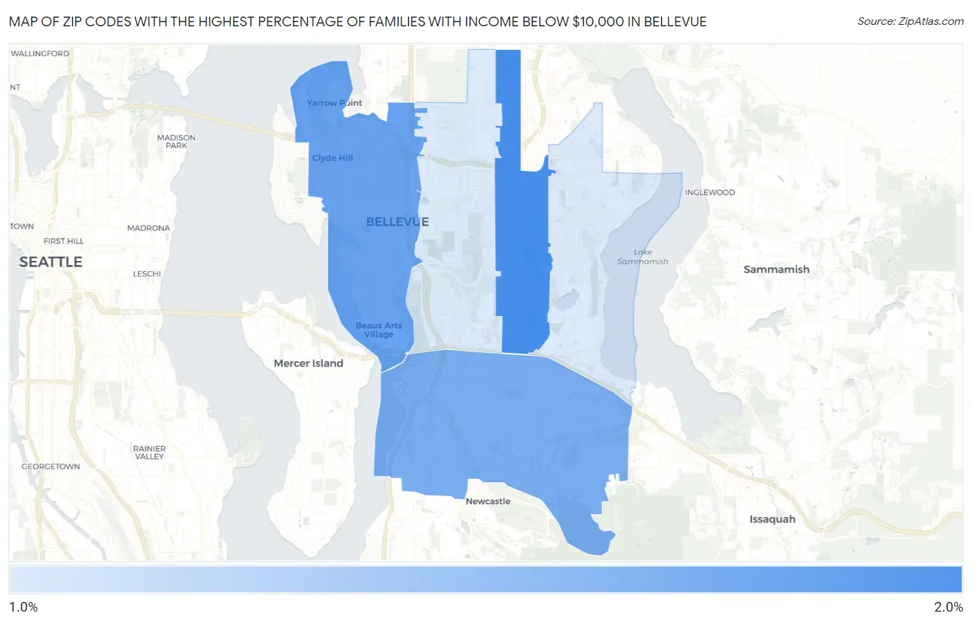 Zip Codes with the Highest Percentage of Families with Income Below $10,000 in Bellevue Map
