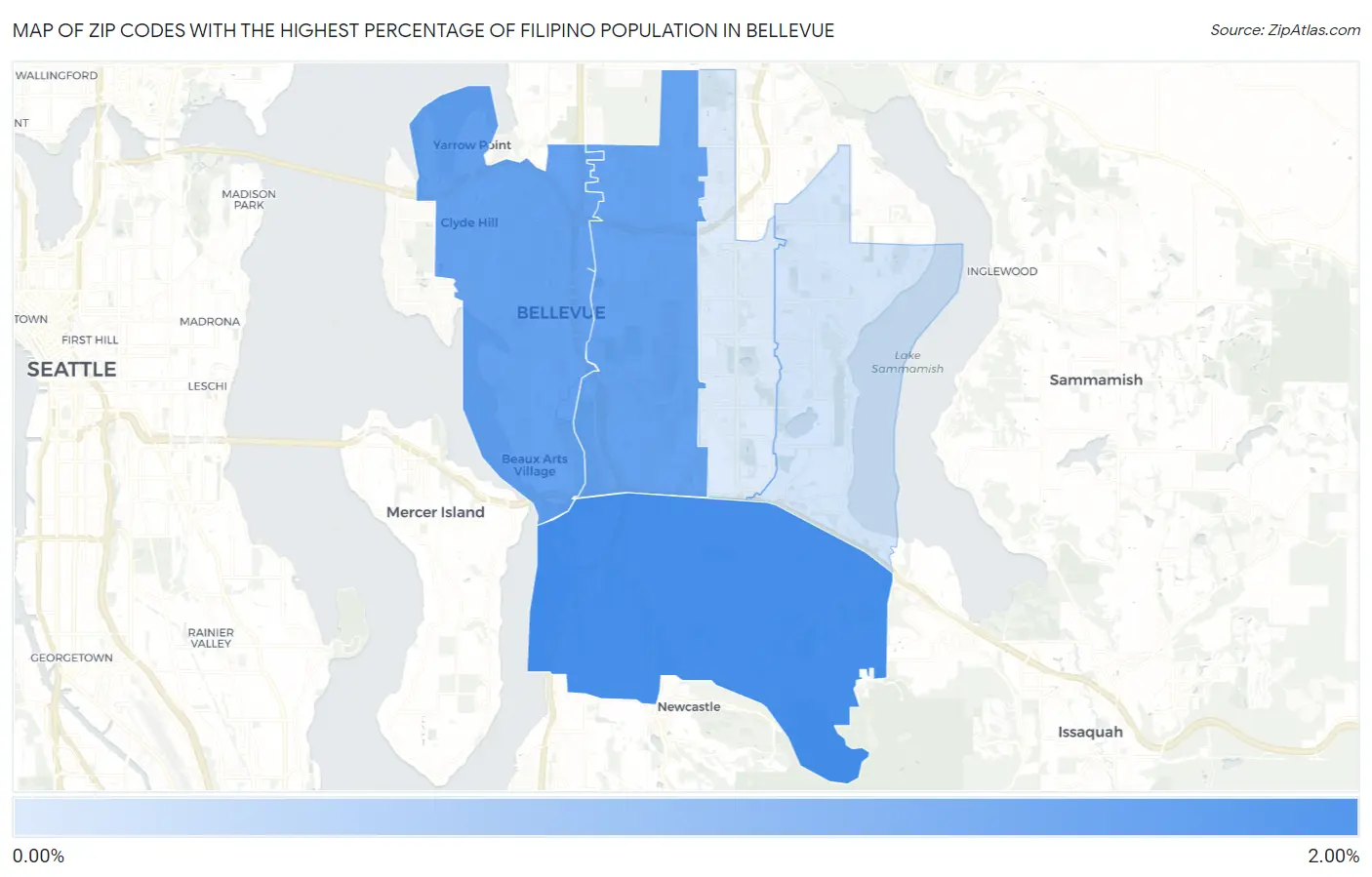 Zip Codes with the Highest Percentage of Filipino Population in Bellevue Map