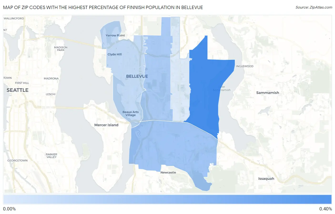 Zip Codes with the Highest Percentage of Finnish Population in Bellevue Map