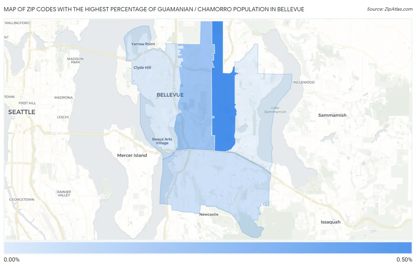 Zip Codes with the Highest Percentage of Guamanian / Chamorro Population in Bellevue Map