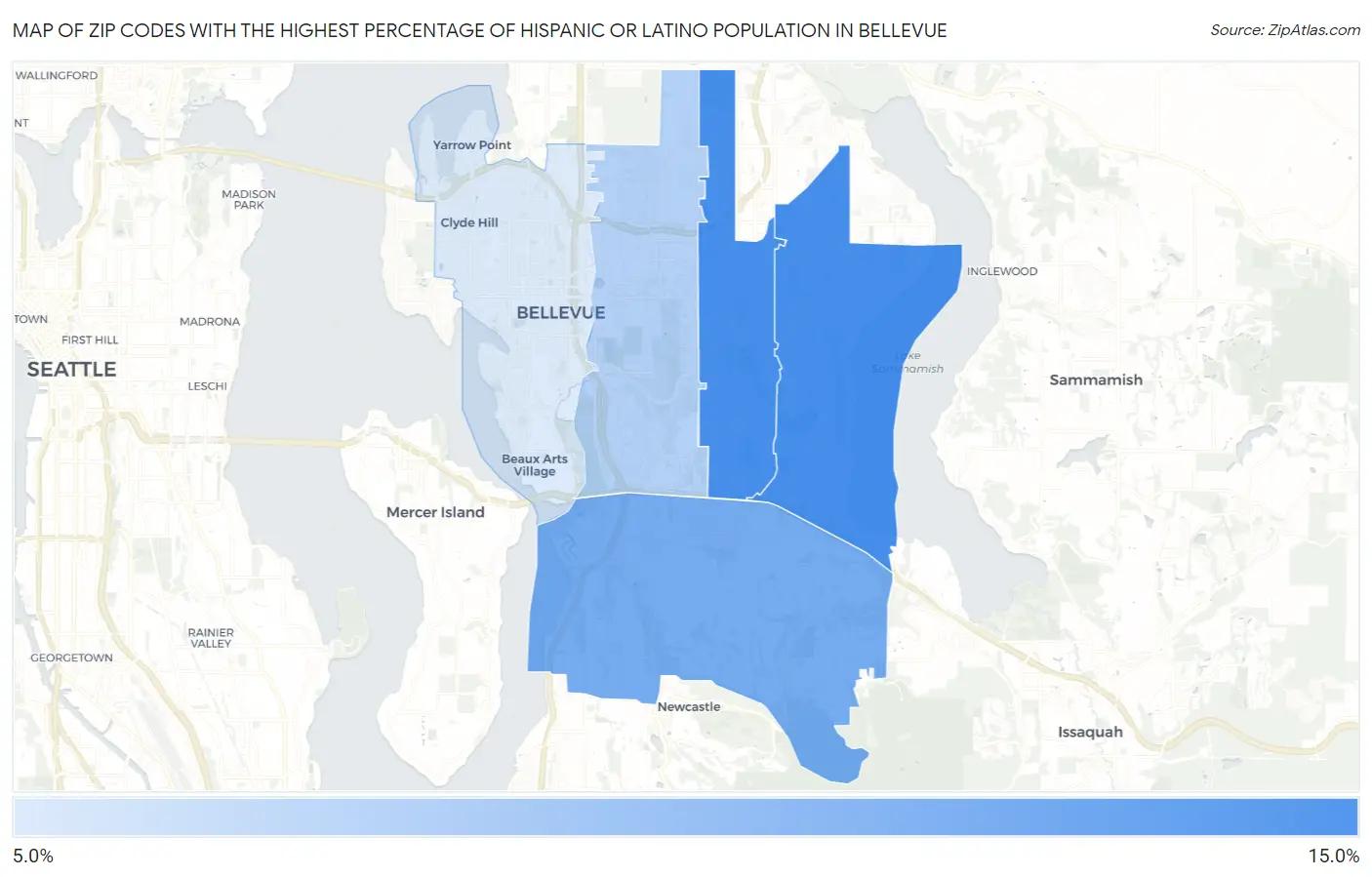 Zip Codes with the Highest Percentage of Hispanic or Latino Population in Bellevue Map