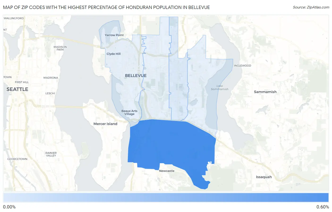 Zip Codes with the Highest Percentage of Honduran Population in Bellevue Map