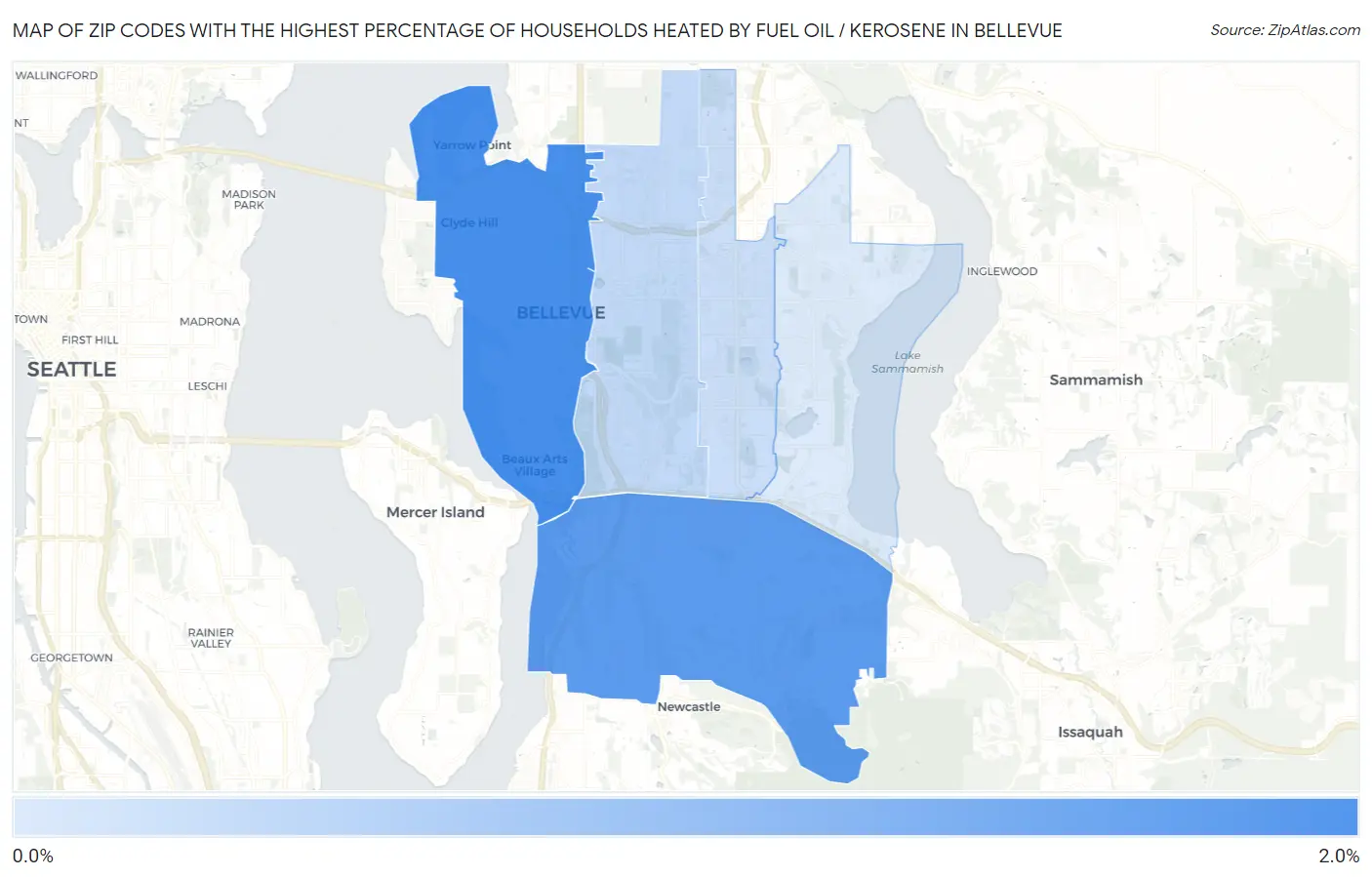 Zip Codes with the Highest Percentage of Households Heated by Fuel Oil / Kerosene in Bellevue Map