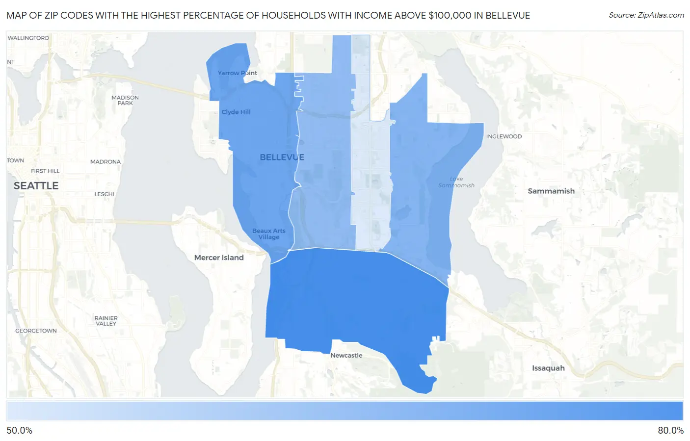 Zip Codes with the Highest Percentage of Households with Income Above $100,000 in Bellevue Map