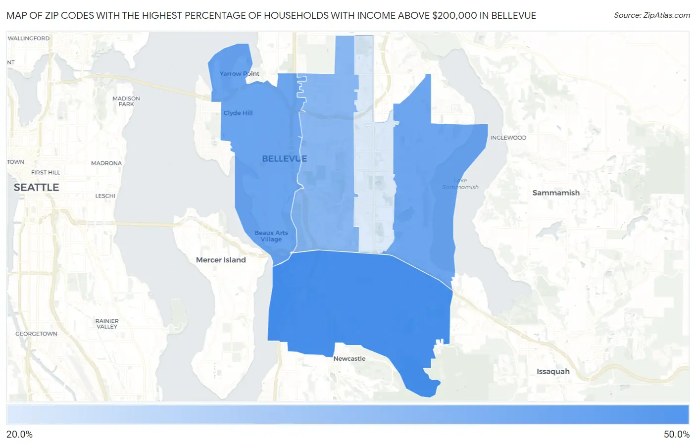 Zip Codes with the Highest Percentage of Households with Income Above $200,000 in Bellevue Map