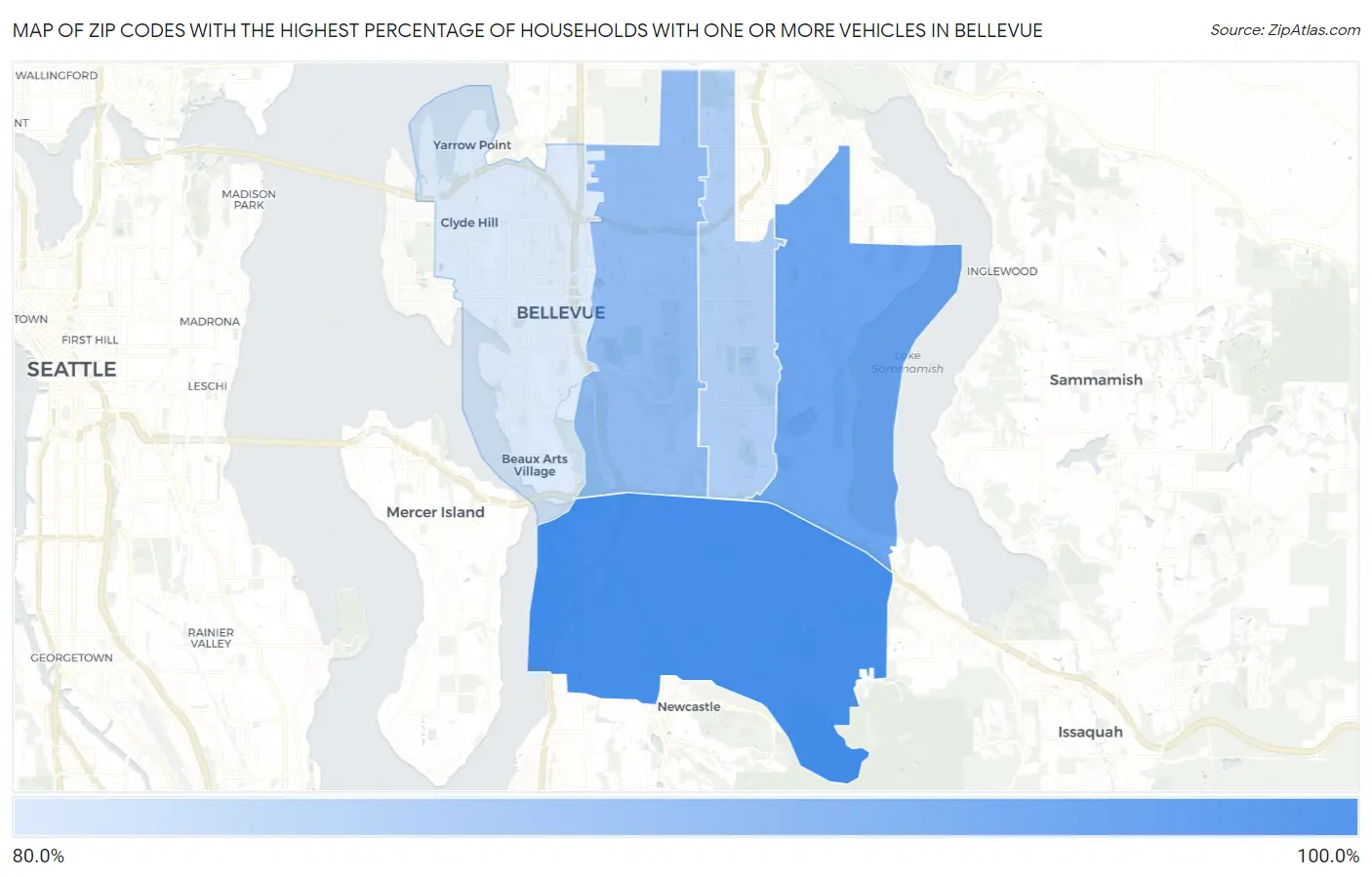 Zip Codes with the Highest Percentage of Households With One or more Vehicles in Bellevue Map