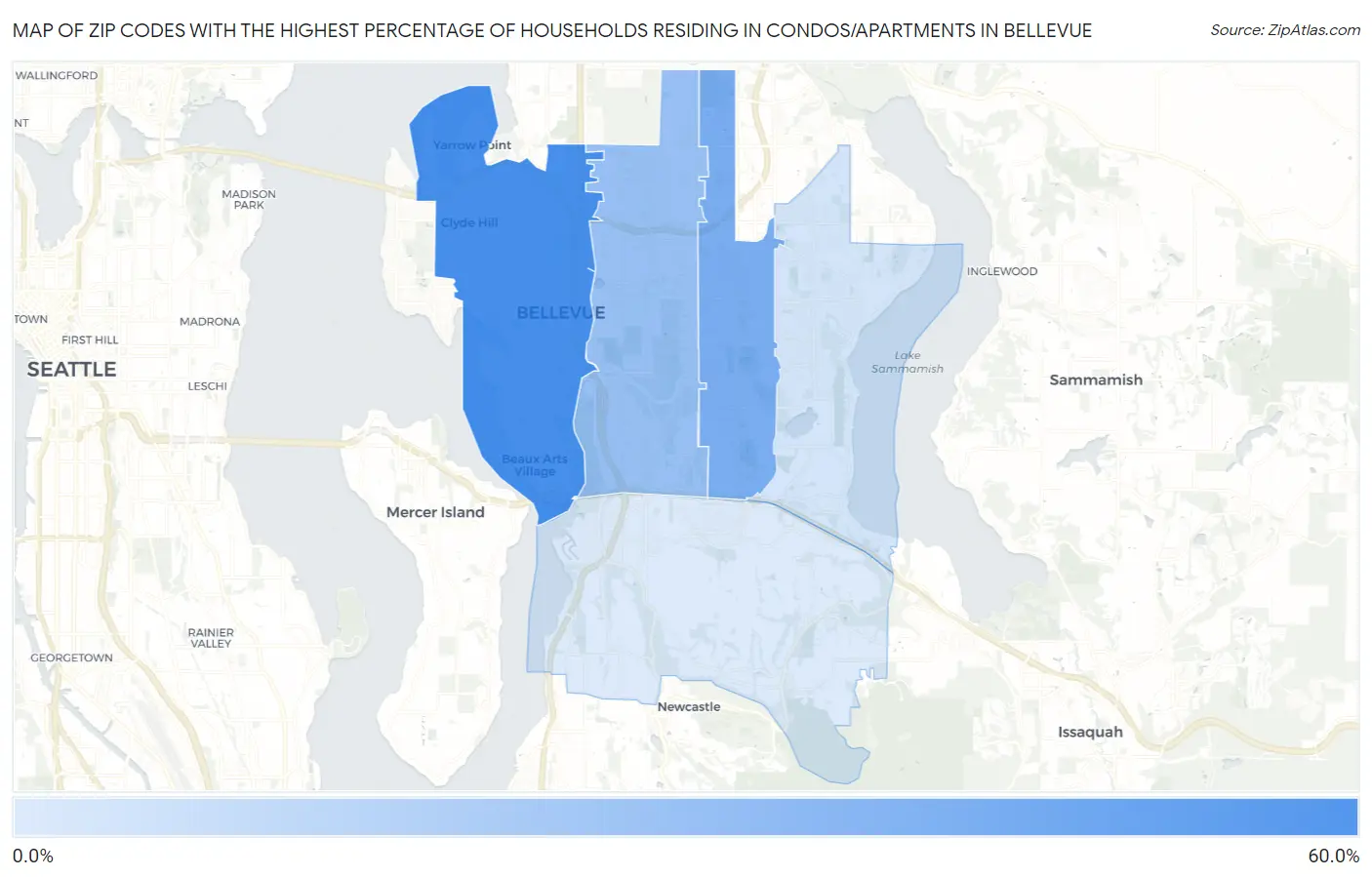 Zip Codes with the Highest Percentage of Households Residing in Condos/Apartments in Bellevue Map