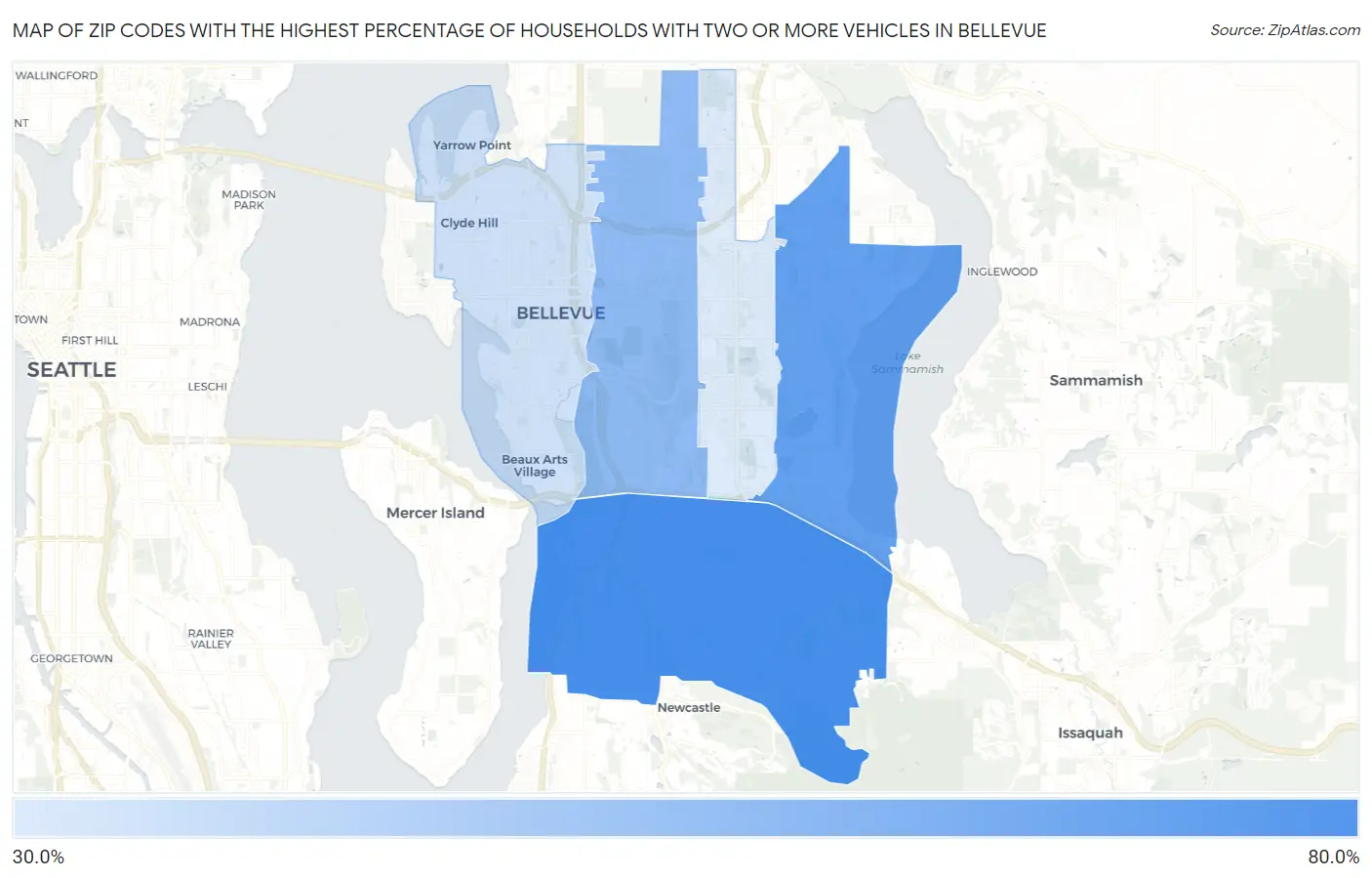 Zip Codes with the Highest Percentage of Households With Two or more Vehicles in Bellevue Map