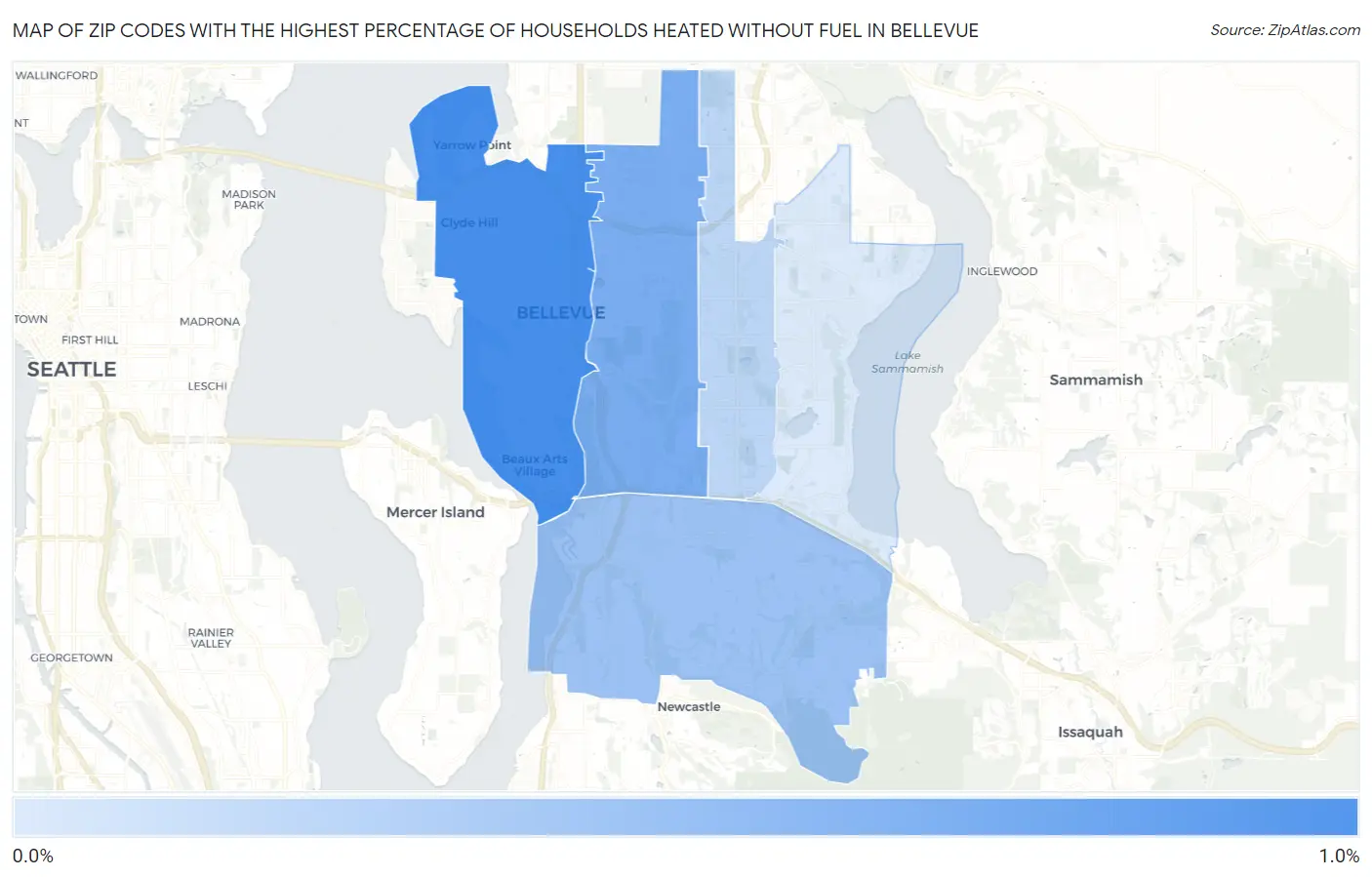 Zip Codes with the Highest Percentage of Households Heated without Fuel in Bellevue Map