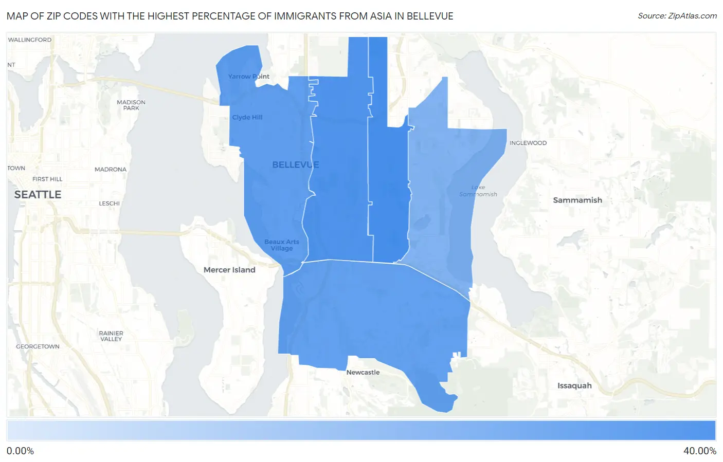 Zip Codes with the Highest Percentage of Immigrants from Asia in Bellevue Map