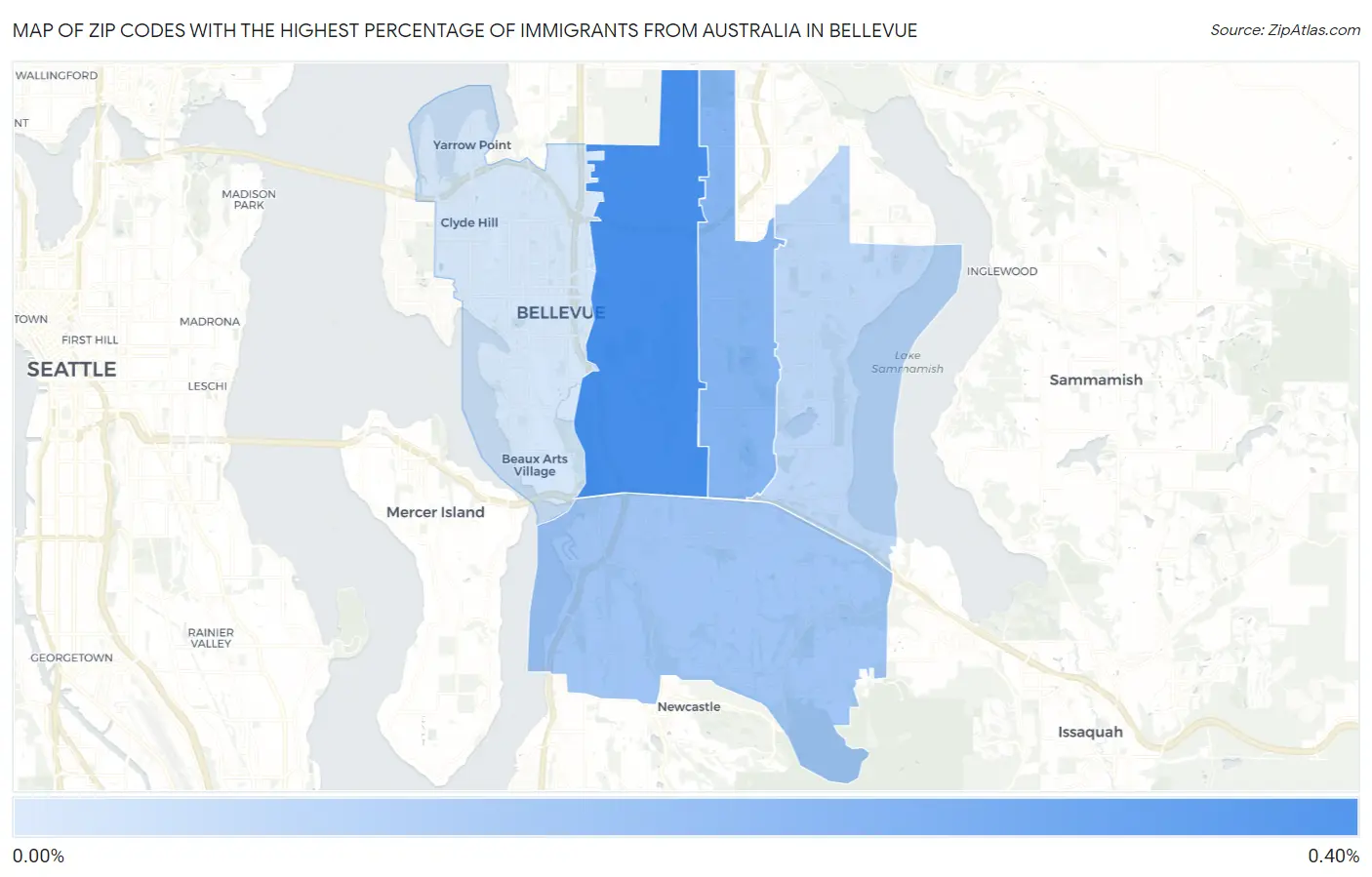 Zip Codes with the Highest Percentage of Immigrants from Australia in Bellevue Map
