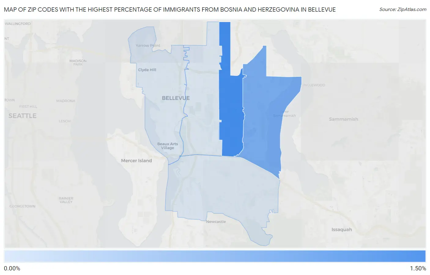 Zip Codes with the Highest Percentage of Immigrants from Bosnia and Herzegovina in Bellevue Map