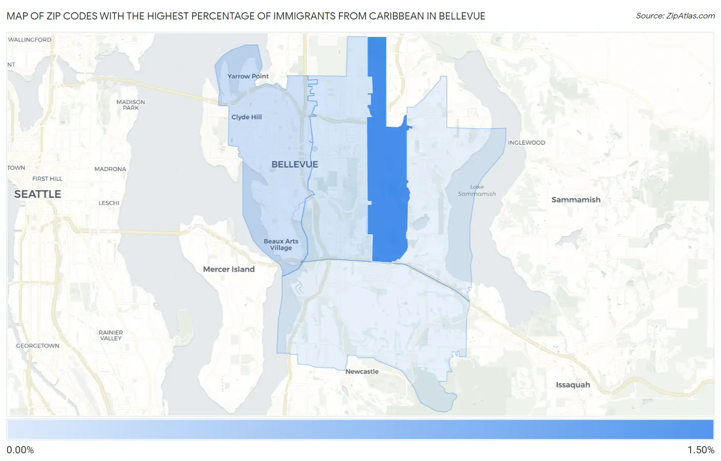 Zip Codes with the Highest Percentage of Immigrants from Caribbean in Bellevue Map