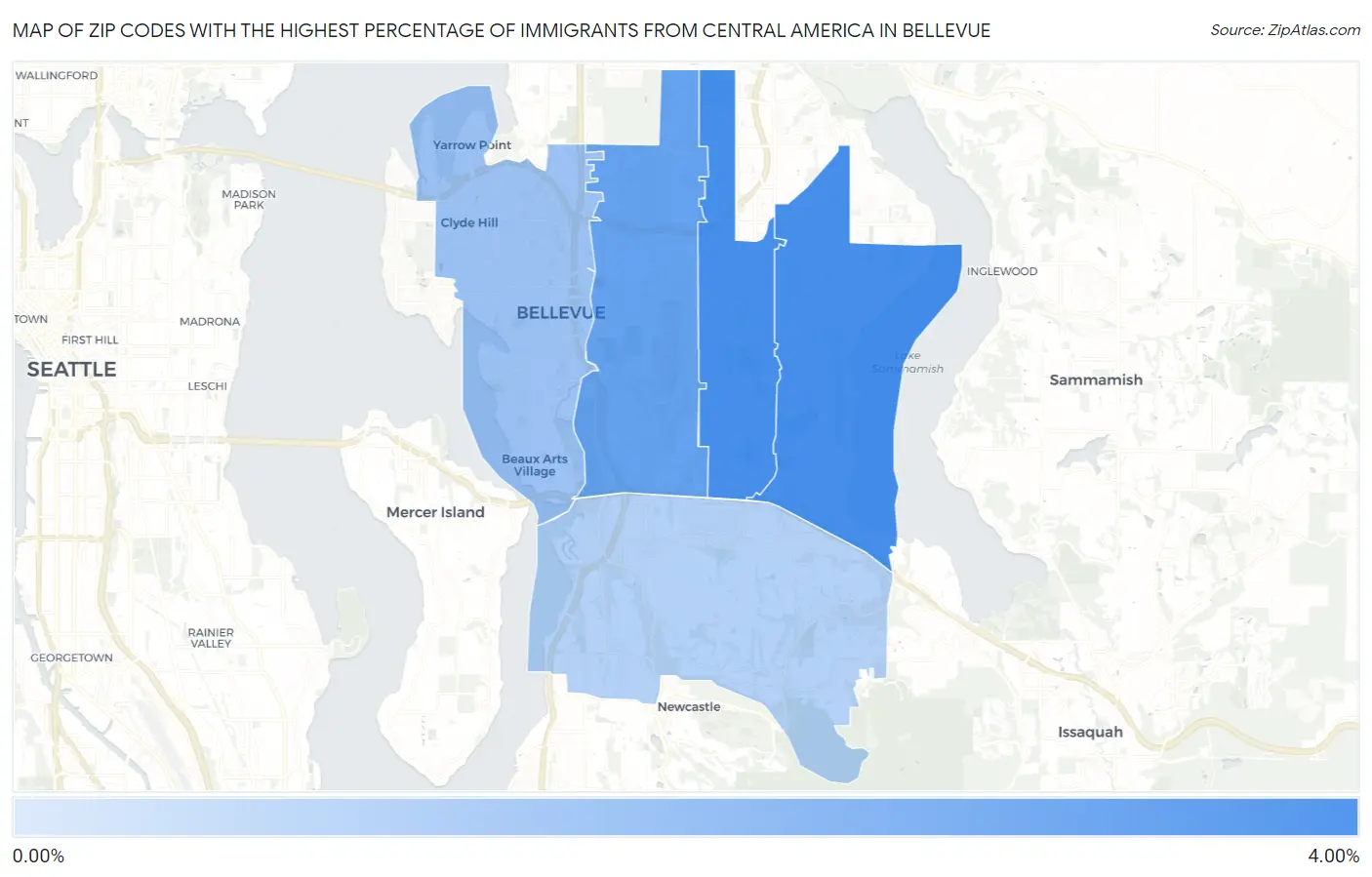 Zip Codes with the Highest Percentage of Immigrants from Central America in Bellevue Map