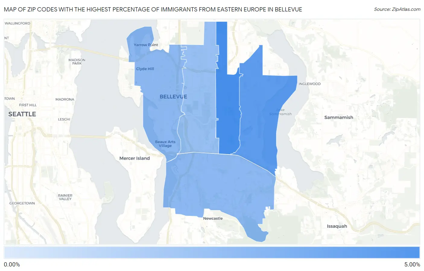 Zip Codes with the Highest Percentage of Immigrants from Eastern Europe in Bellevue Map