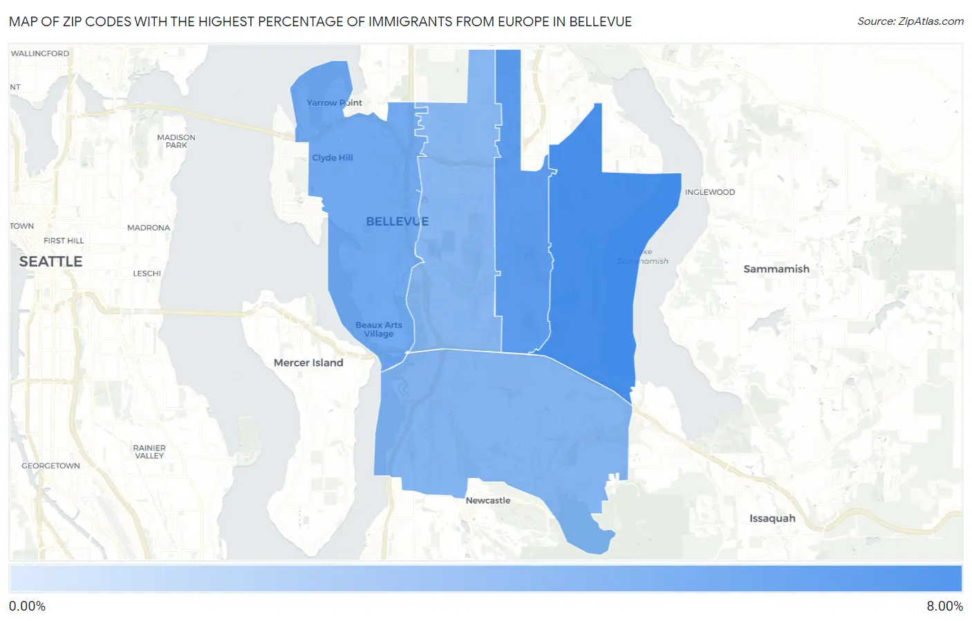 Zip Codes with the Highest Percentage of Immigrants from Europe in Bellevue Map